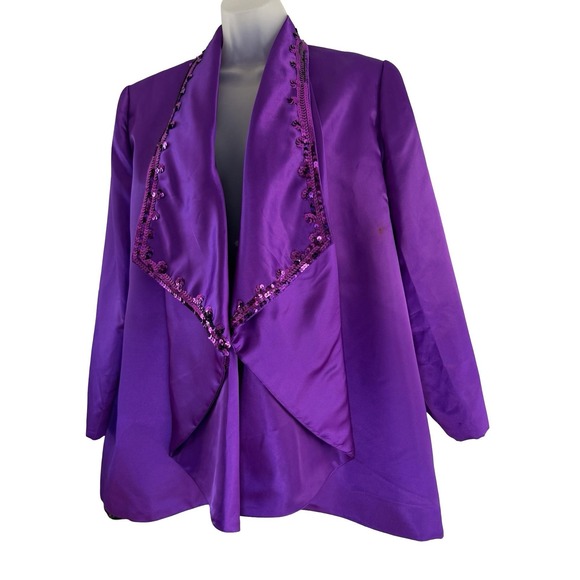 Saks Fifth Avenue Jacket Womens Large Purple Sequin Trim Shawl Collar Open Front - Picture 5 of 16
